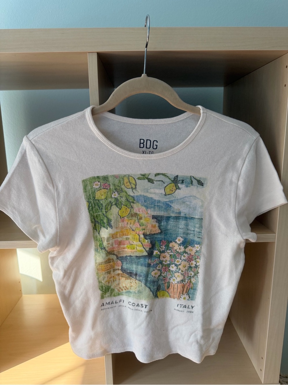BDG Off-White Graphic Tee with Multicolor Amalfi Coast Print